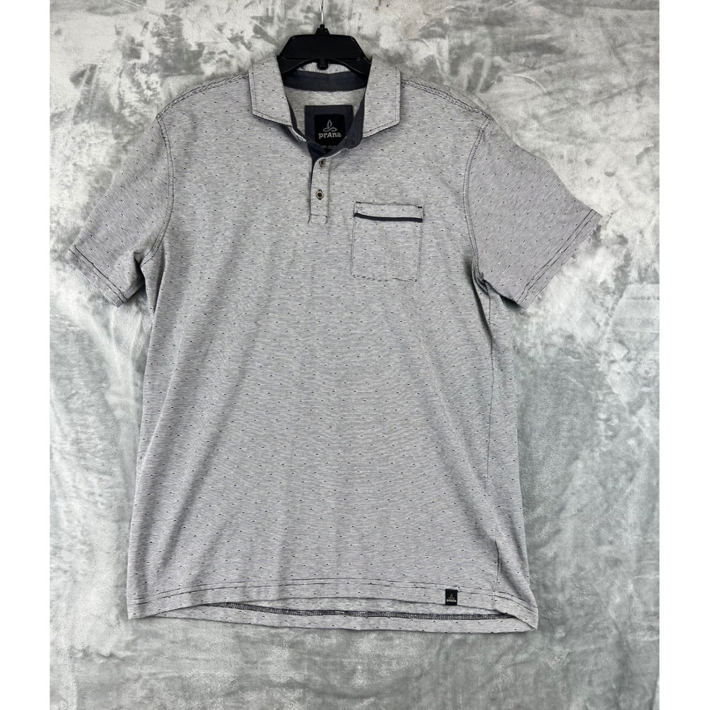 Prana Men's Gray Patterned Short Sleeve Polo Shirt XL Polyester Organic Cotton